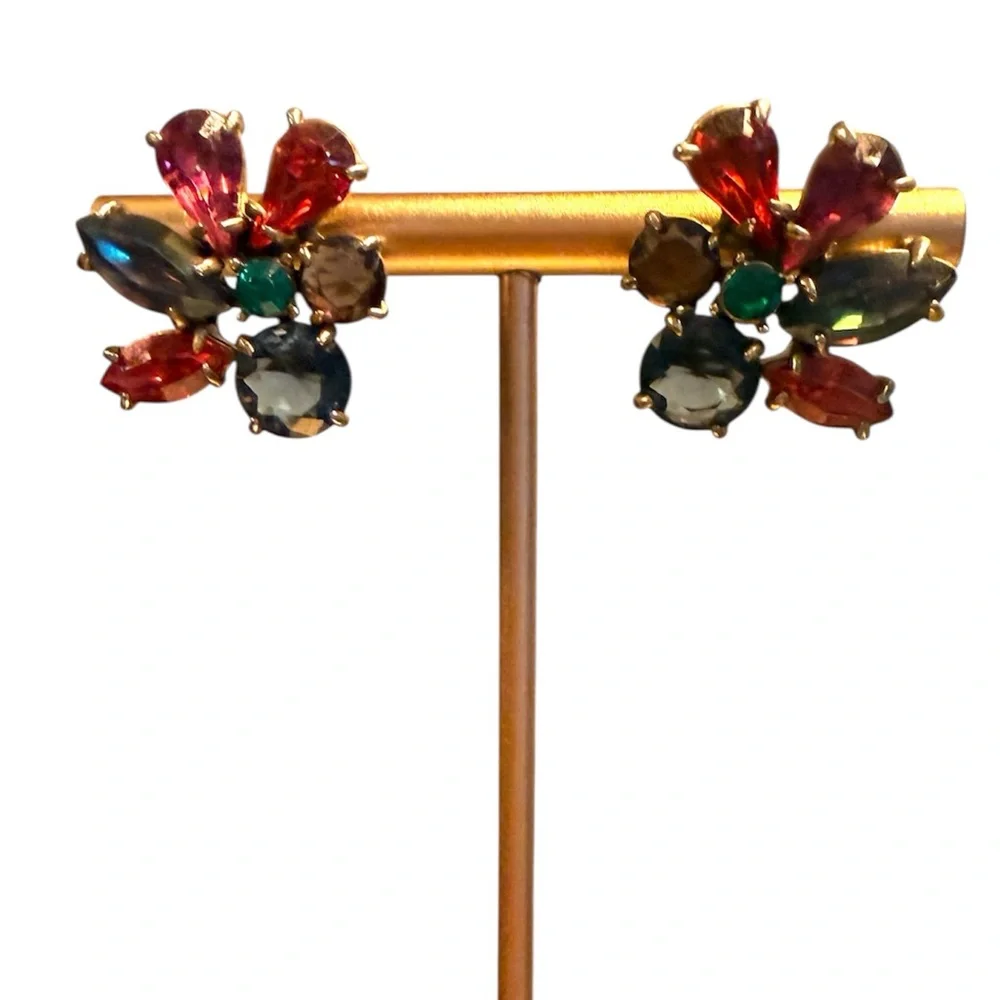 Vintage J. Crew Multicolor Gemstone Cluster Gold Stud Pierced Earrings